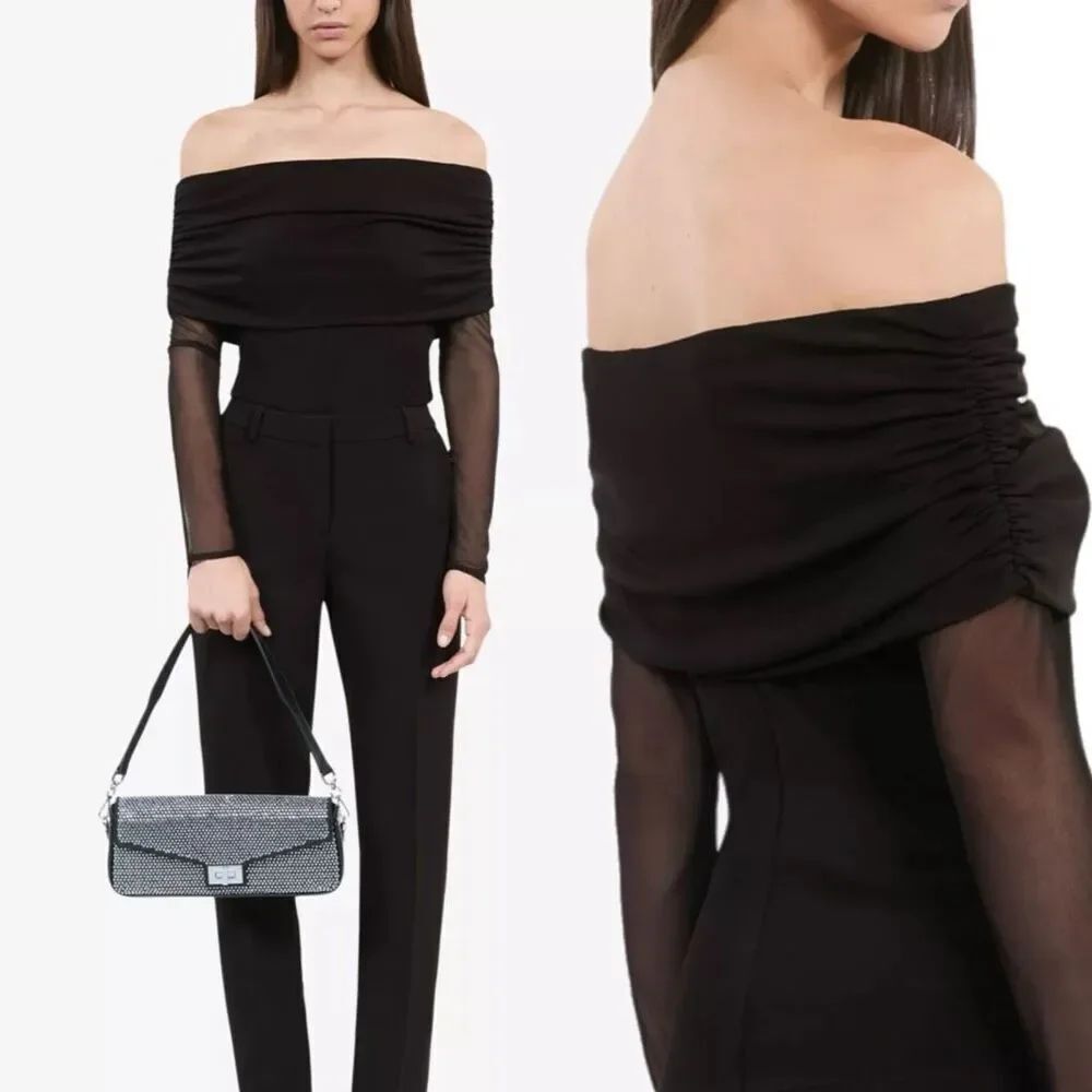 NWT The kooples off shoulders black top with mesh long sleeves Size French 0 (US
